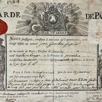 Beau congé absolu de la Garde de Paris délivré à Jean Gourchon au début de la Révolution