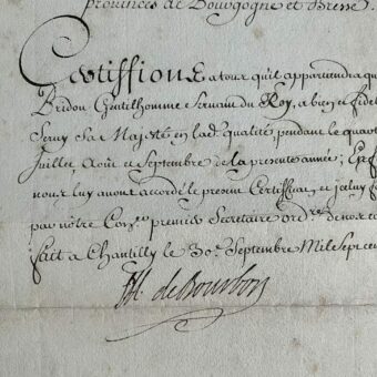 Certificat signé par le prince de Condé et son secrétaire des commandements, l'académicien Leriget marquis de La Faye