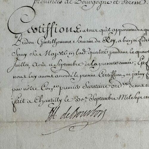 Certificat signé par le prince de Condé et son secrétaire des commandements, l'académicien Leriget marquis de La Faye