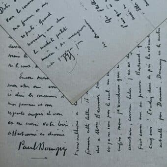 Deux longues lettres de Paul Bourget sur la défense de ses maîtres en littérature et le syle dans le roman