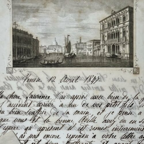 Lettre de la duchesse de Berry écrite de Venise avec superbe en-tête gravé d'une vue du Grand Canal