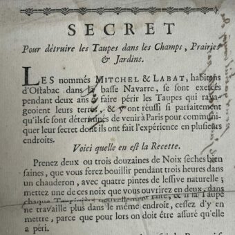 Recette imprimée du XVIIIe siècle d'un "secret" pour éradiquer les taupes