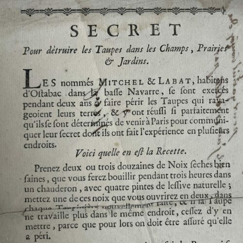 Recette imprimée du XVIIIe siècle d'un "secret" pour éradiquer les taupes