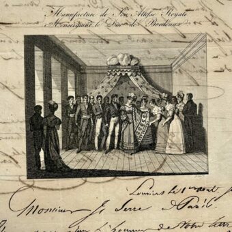 Lettre avec belle gravure de la manufacture d'étoffes du Duc de Bordeaux à Louviers