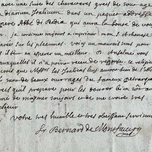 Rare et intéressante lettre de Bernard de Montfaucon sur ses travaux érudits
