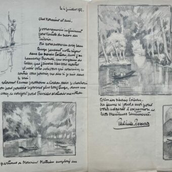 Magnifique lettre de Paul-Emile Pissarro illustrée de 4 dessins des canaux de Coulon, dans le Marais Poitevin
