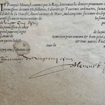 Quittance de 1578 pour la perception d'impôts sur les "Hostelleries, Cabarets & Tavernes"