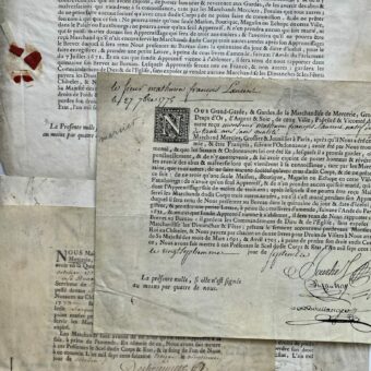 4 brevets du XVIIIe siècle relatifs à la corporation des "Mercier, Grossier & Joüaillier"