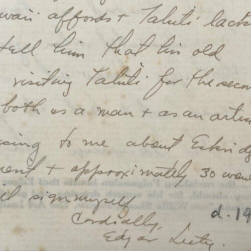 Le peintre américain Edgar Leeteg écrit de Papeete au traducteur de documents de Gauguin