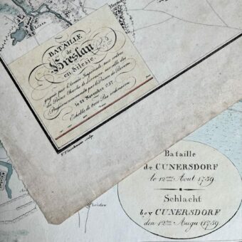 Guerre de sept ans : deux grandes planches imprimées des batailles de Kunersdorf et de Breslau