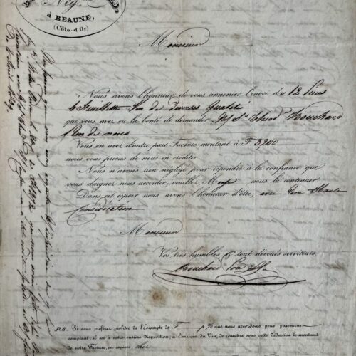 Lettre avec facture de 1840 de Bouchard père et fils, à Beaune, pour des Richebourg, Chambertin, Clos-Vougeot, etc.