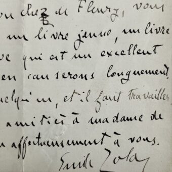 Superbe lettre élogieuse de Zola à Maurice de Fleury, sur son ouvrage "Amours de savants", dont il sera le dédicataire