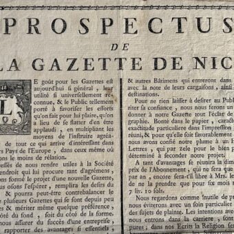 Rare placard annonçant la parution de la "Gazette de Nice" en 1772