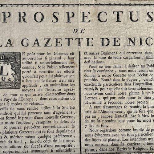 Rare placard annonçant la parution de la "Gazette de Nice" en 1772