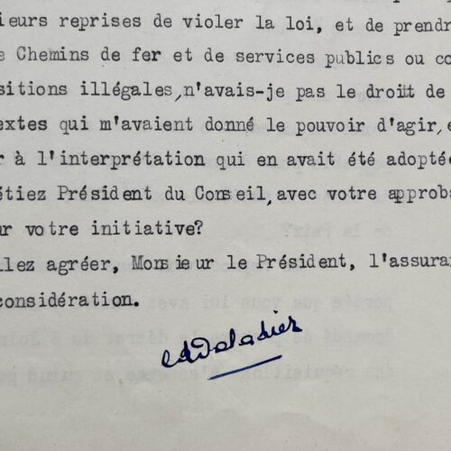 Cinglante lettre d'Edouard Daladier à Léon Blum en réponse aux mesures contre les grèves de 1938
