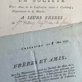 Ensemble de 3 documents révolutionnaires de la Société des Amis de la Constitution de Cherbourg
