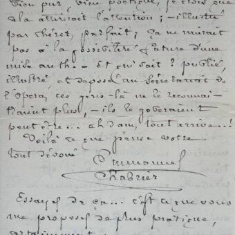 Sacarstique lettre d'Emmanuel Chabrier sur Eugène Ritt et Pedro Gailhard