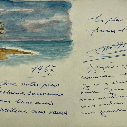Lettre d'Henry de Monfreid illustrée d'une belle aquarelle originale