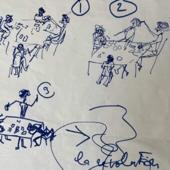 Françoise Sagan dessine, sous forme de bande dessinée, une réunion qui dégénère en révolution