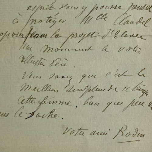 Superbe lettre de Rodin sur Camille Claudel "c'est le meilleur sculpteur de ce temps cette femme"