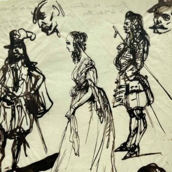 Feuille de dessins à l'encre par le caricaturiste Cham, représentant 7 études de personnages