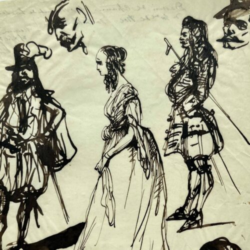 Feuille de dessins à l'encre par le caricaturiste Cham, représentant 7 études de personnages