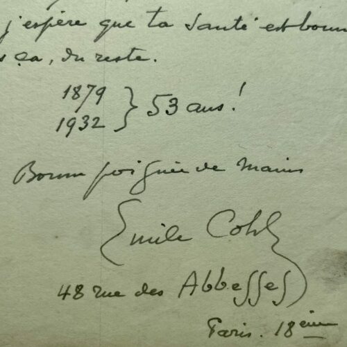 Lettre du pionnier du dessin animé, Émile Cohl, évoquant le club des hydropathes