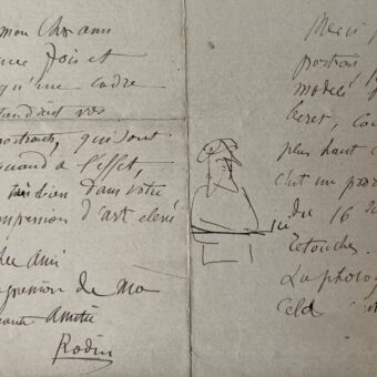 Importante lettre d'Auguste Rodin illustrée d'un autoportrait au béret