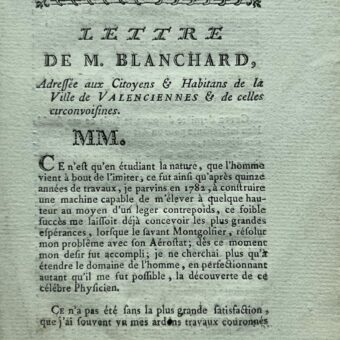 Prospectus de souscription de l'aéronaute Jean-Pierre Blanchard pour un vol à Valenciennes, en 1787