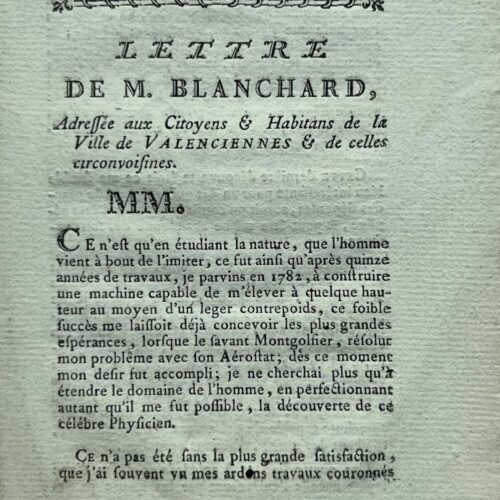 Prospectus de souscription de l'aéronaute Jean-Pierre Blanchard pour un vol à Valenciennes, en 1787