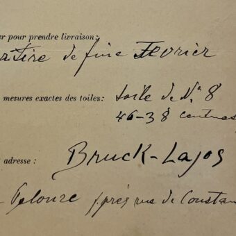 Fiche d'exposition d'un tableau, complétée et signée par le peintre hongrois Lajos Bruck