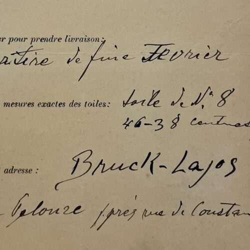 Fiche d'exposition d'un tableau, complétée et signée par le peintre hongrois Lajos Bruck