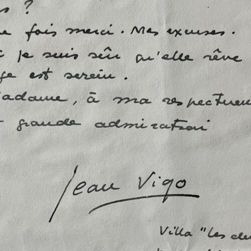 Rare et importante lettre du cinéaste Jean Vigo sur sa rencontre avec Germaine Dulac et son mariage