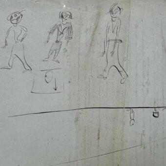 3 dessins de Saint-Exupéry esquissés à la plume au dos du brouillon d'un dialogue entre pilotes