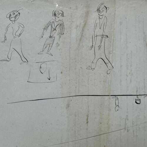 3 dessins de Saint-Exupéry esquissés à la plume au dos du brouillon d'un dialogue entre pilotes