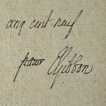 Quittance autographe signée de l'historien anglais Edward Gibbon au verso d'une carte à jouer