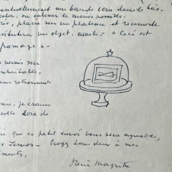 Lettre de Magritte à Yvonne Zervos illustrée de deux dessins : "Ceci est un morceau de fromage"
