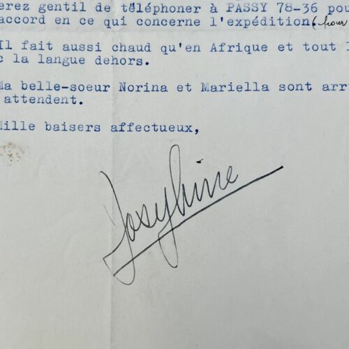Lettre de Josephine Baker sur papier à en-tête du château des Milandes