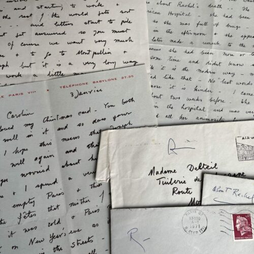 Ensemble de 3 lettres de la poétesse et artiste Meraud Guinness Guevara à Caroline Delteil