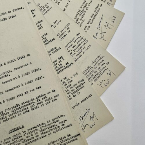 Contrat de création de « Littérature et philosophie » signé par Jean-Paul Sartre, Simone de Beauvoir, Merleau-Ponty, Jacques-Laurent Bost et Jean Cau.