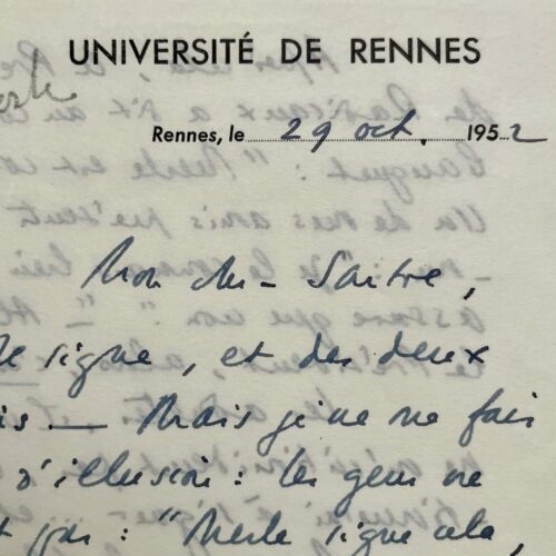 Robert Merle écrit à Jean-Paul Sartre qu'il accepte de signer sa pétition mais se défend d'être communiste