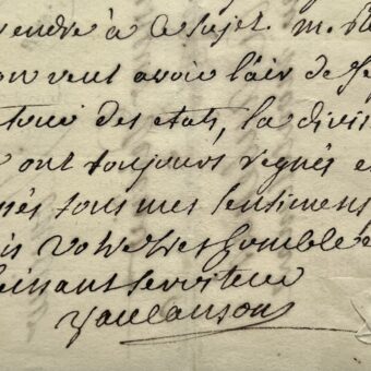 Très rare lettre de l'inventeur Jacques Vaucanson sur les manufactures de soie d'Aubenas et de Lavaur