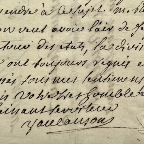 Très rare lettre de l'inventeur Jacques Vaucanson sur les manufactures de soie d'Aubenas et de Lavaur