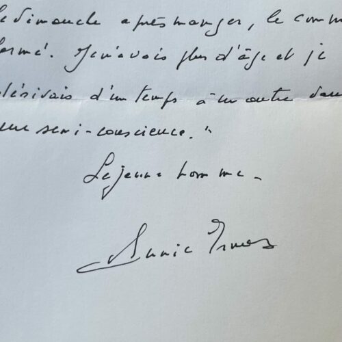 Extrait autographe signé de l'ouvrage "Jeune homme" du Nobel de littérature Annie Ernaux