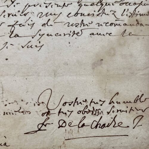 Rare lettre autographe du Père La Chaize, confesseur de Louis XIV, qui donna son nom au cimetière