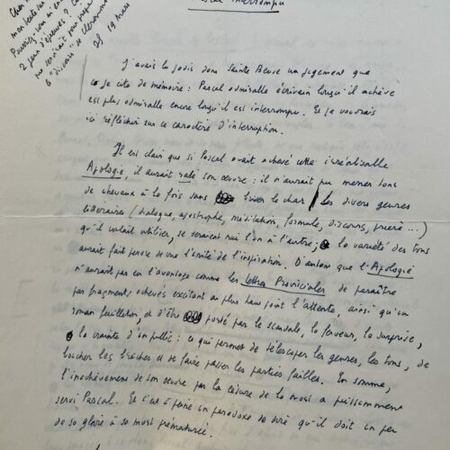 Manuscrit d'un article de Jean Guitton sur les "Pensées" de Pascal