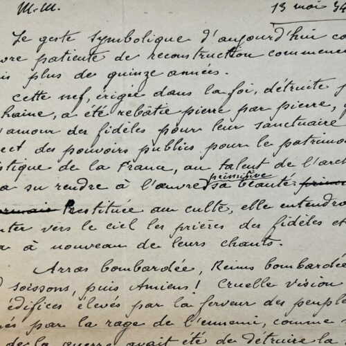 Manuscrit du discours de Pétain, prononcé à Arras, en 1934, lors de l'inauguration de la cathédrale