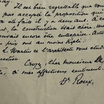 Lettre d'Émile Roux à Maurice Nicolle au sujet de la construction d'un laboratoire pour l'Institut Pasteur