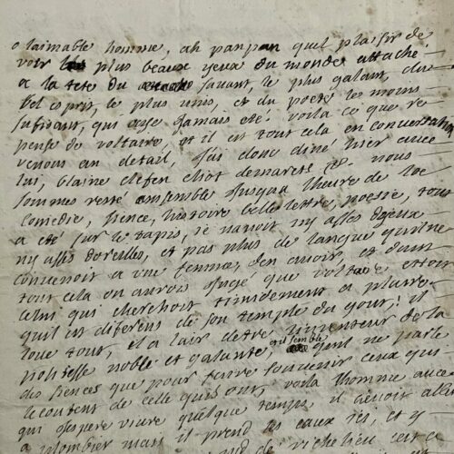 Longue lettre de Françoise de Graffigny toute consacrée à Voltaire, qui vient séjourner chez elle, et à Mlle Clairon