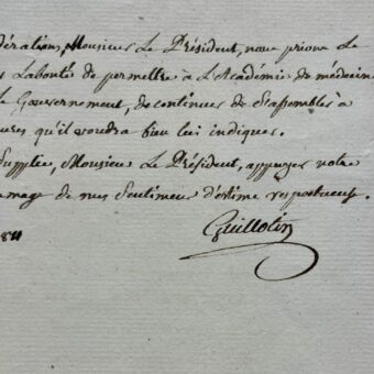 Longue lettre de Guillotin, président de l'Académie de Médecine, proposant des assemblées à l'Oratoire du Louvre
